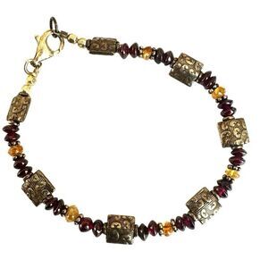 Sterling Silver Garnet & Amber Beaded Bracelet